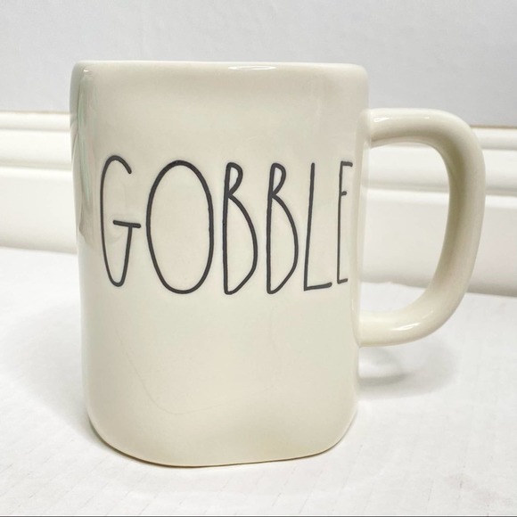 Rae Dunn Ceramic GOBBLE Print Mug white black